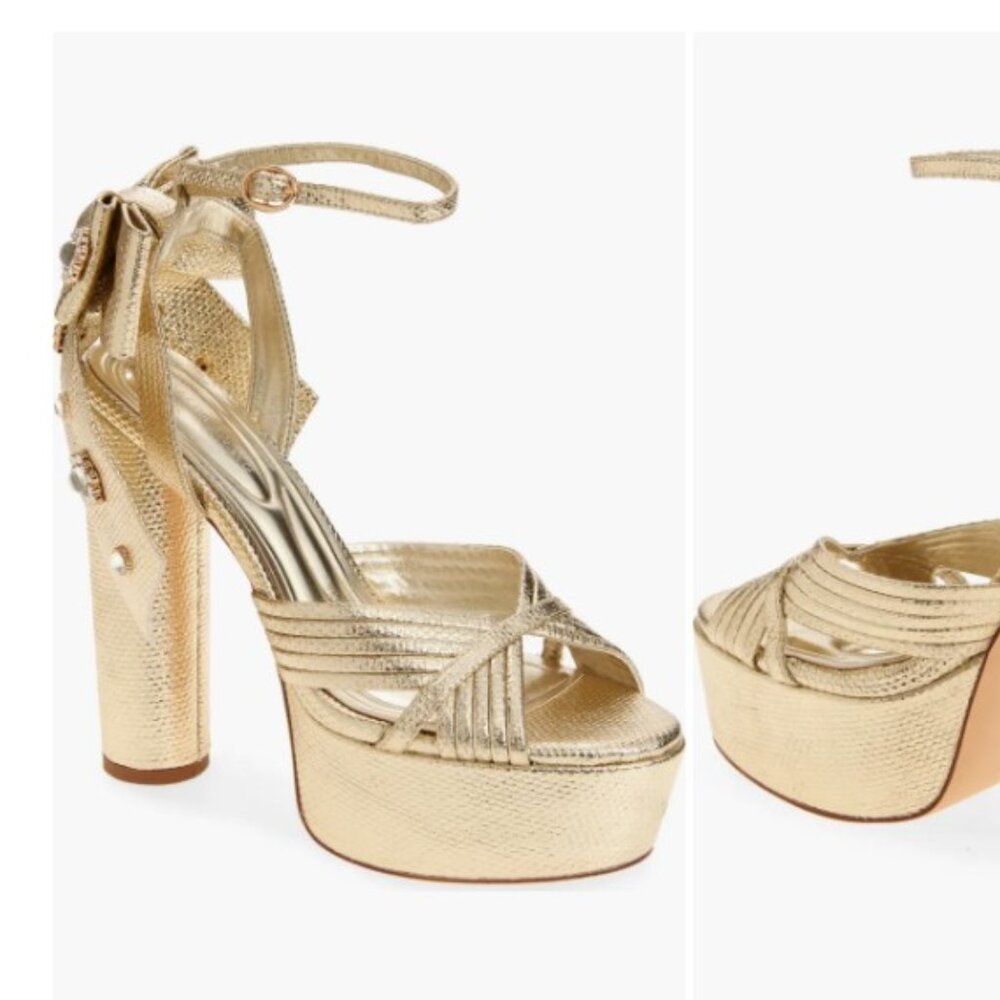 AZALEA WANG Gold Crawley Ankle Strap Platform Sandal (Embellished w/ Bows)- 6.5